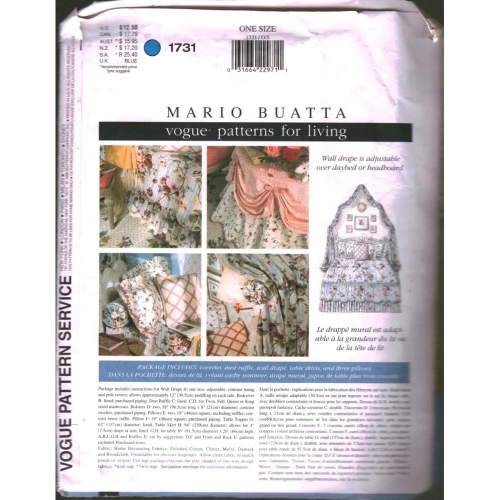 Mario Buatta Vogue 1731 Patterns for Living Bedroom Decor Wall Drape Table Skirt